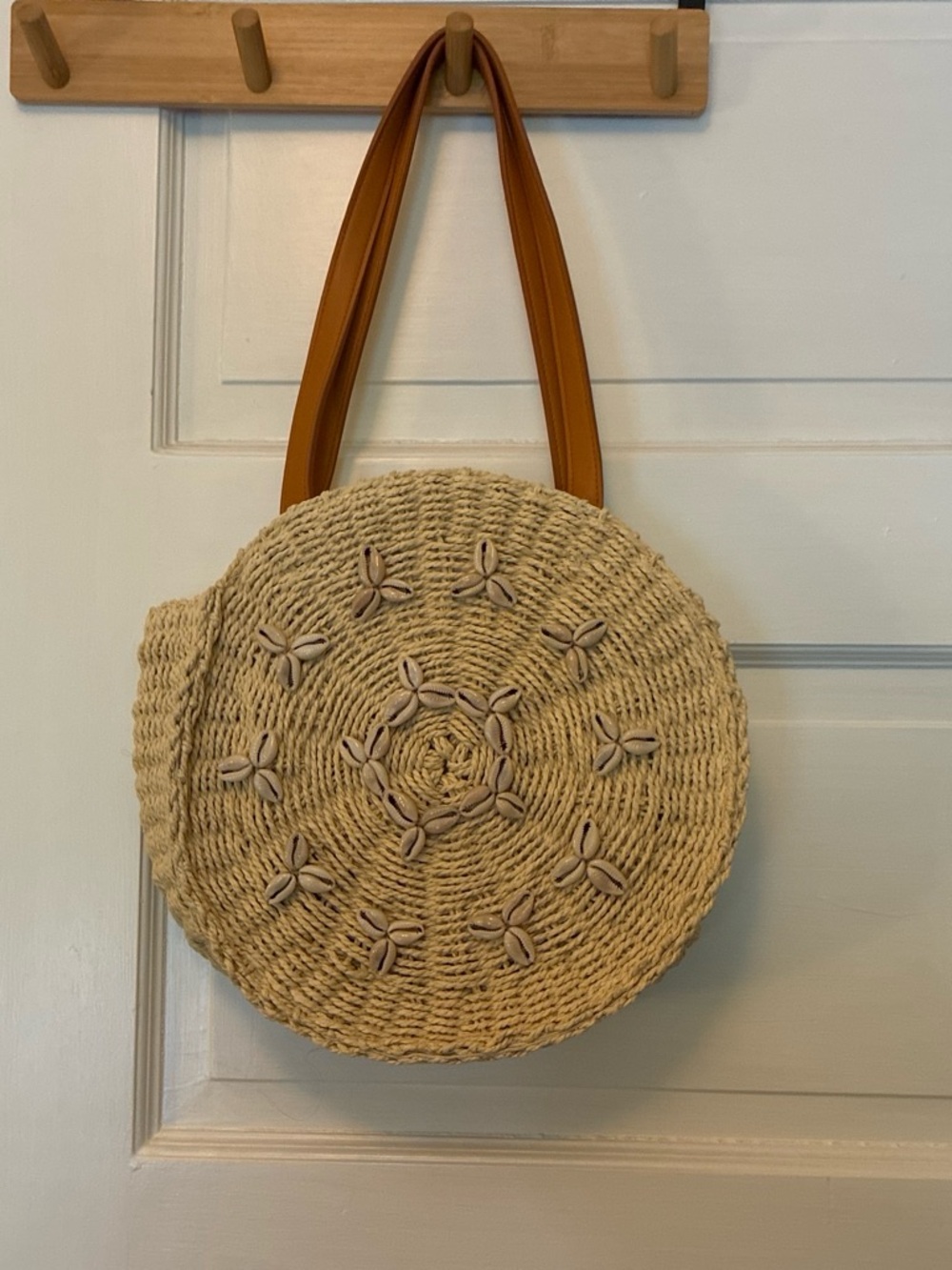 Round Straw Tote with Tan Shoulder Straps